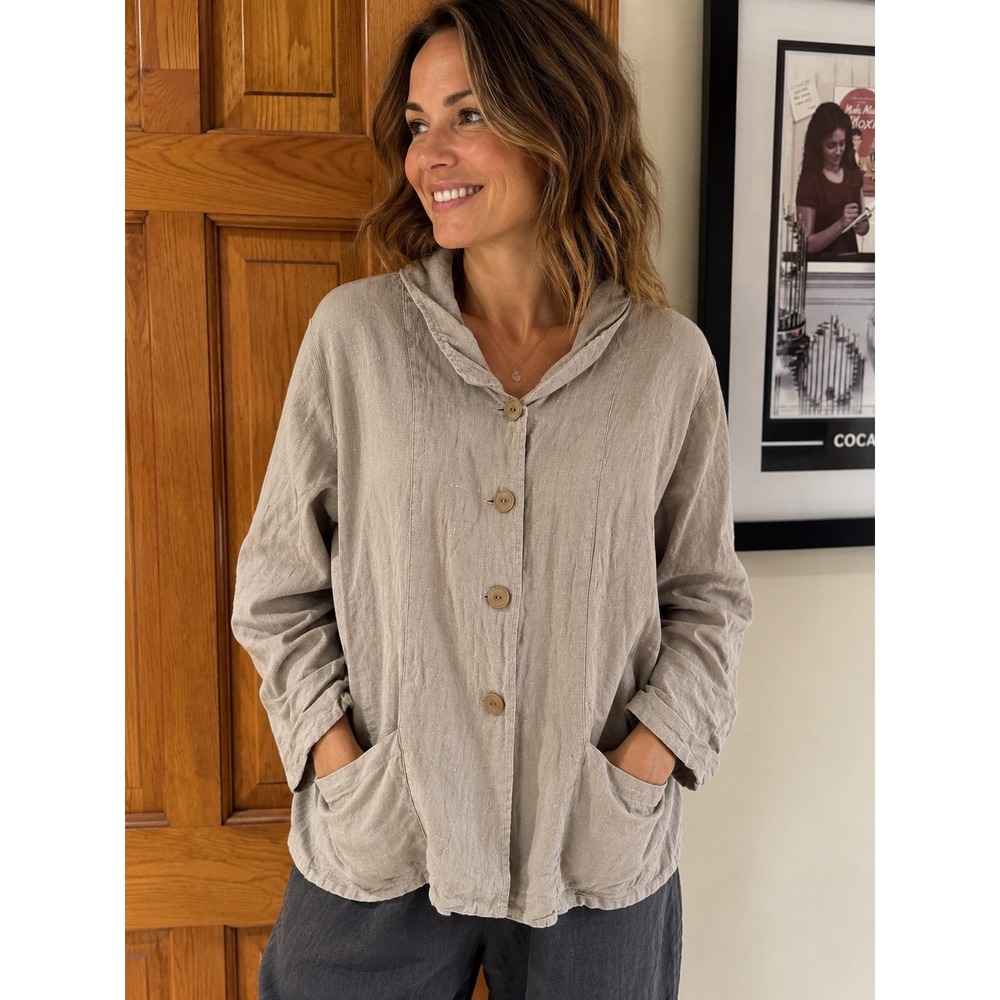 FLAX Jeanne 100% Linen Jacket Womens L Taupe Button Front Pockets Lagenlook